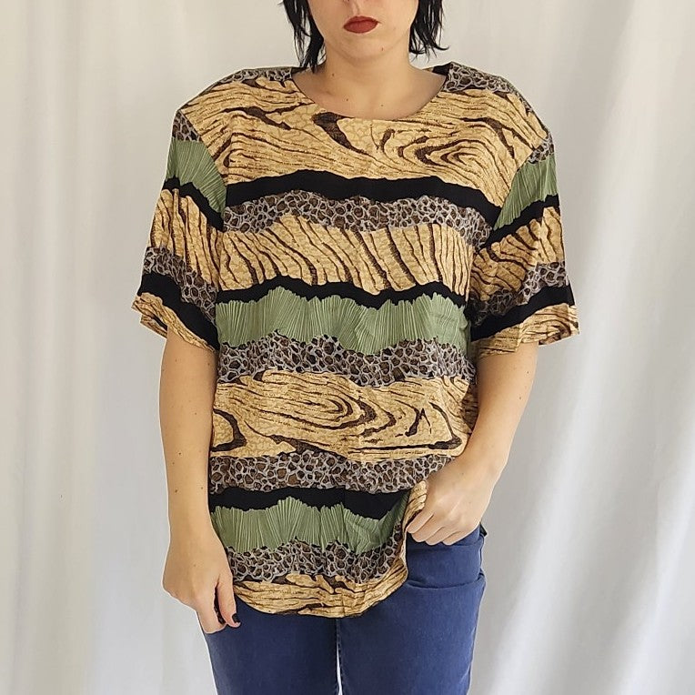 90s Funky Tan and Green Rayon Tee
