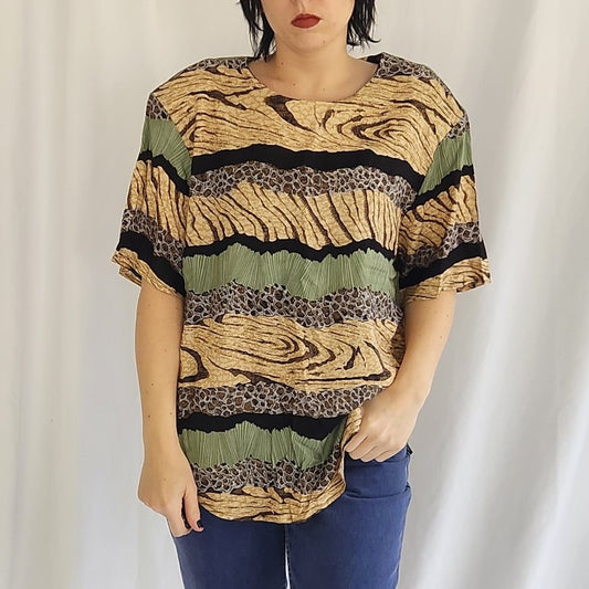 90s Funky Tan and Green Rayon Tee
