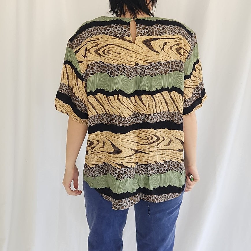 90s Funky Tan and Green Rayon Tee