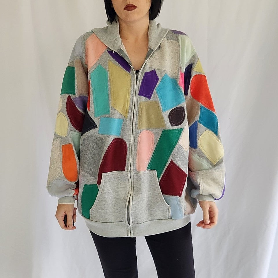 90s Patchwork Hooded Zip Up Sweatshirt
