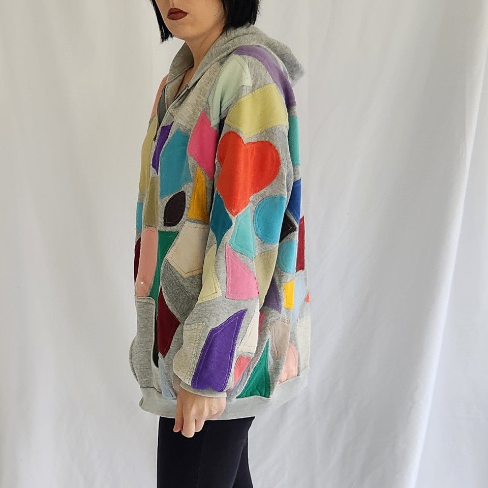 90s Patchwork Hooded Zip Up Sweatshirt