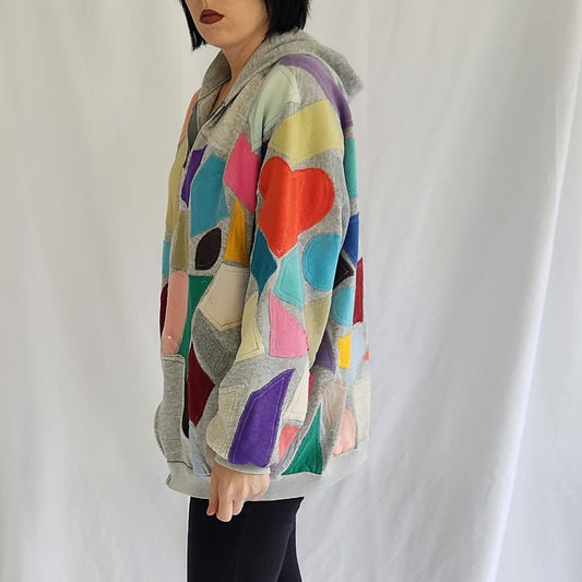 90s Patchwork Hooded Zip Up Sweatshirt
