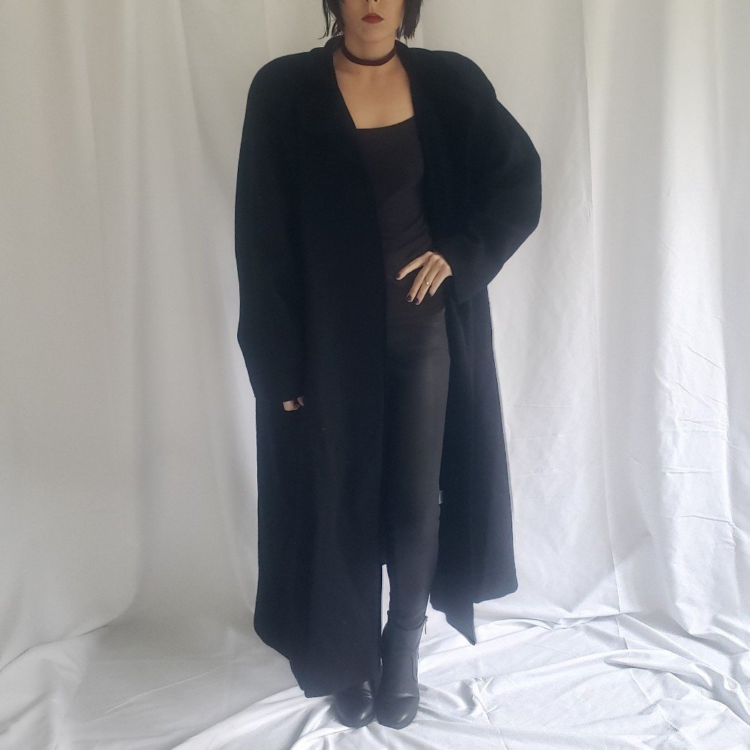 90s Black Wool Overcoat with Velvet Accents