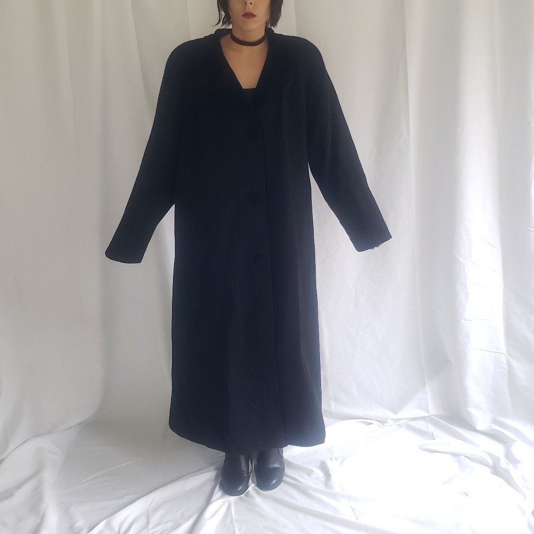 90s Black Wool Overcoat with Velvet Accents