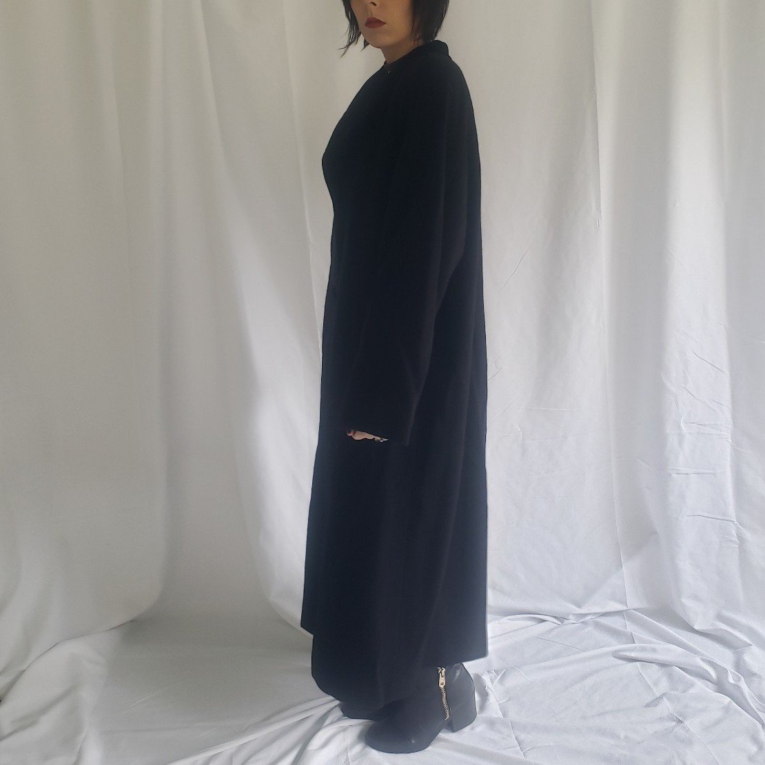 90s Black Wool Overcoat with Velvet Accents