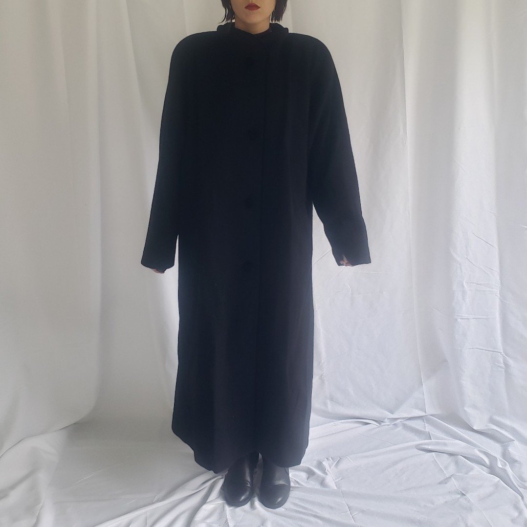 90s Black Wool Overcoat with Velvet Accents