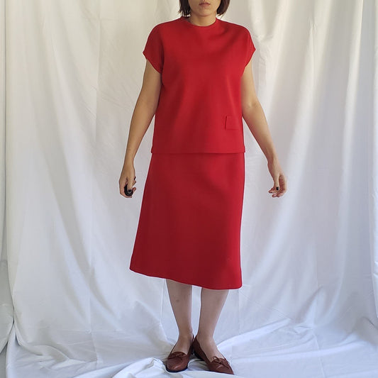 60s Red Worsted Wool Skirt and Top Set