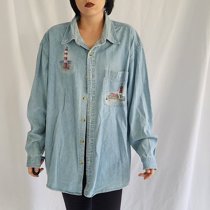 90s/00s Lighthouse Theme Denim Button Down