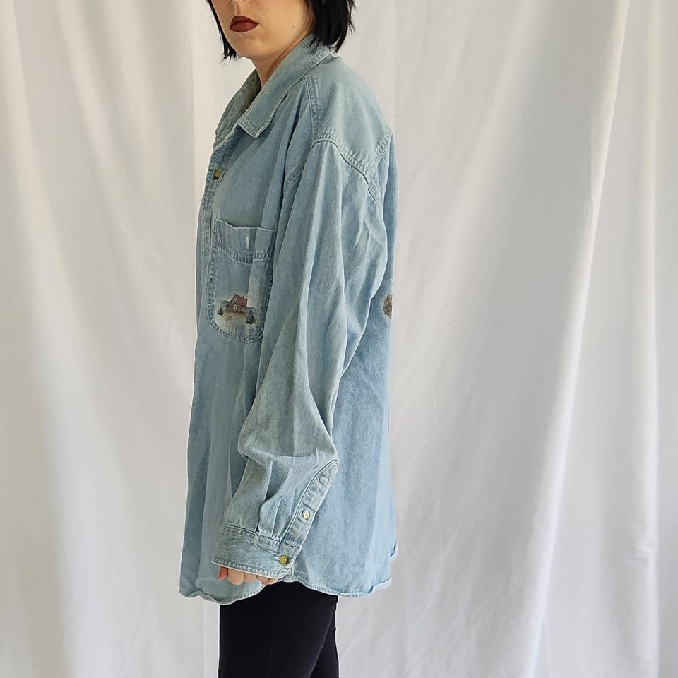 90s/00s Lighthouse Theme Denim Button Down