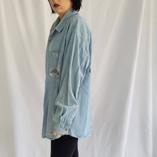 90s/00s Lighthouse Theme Denim Button Down