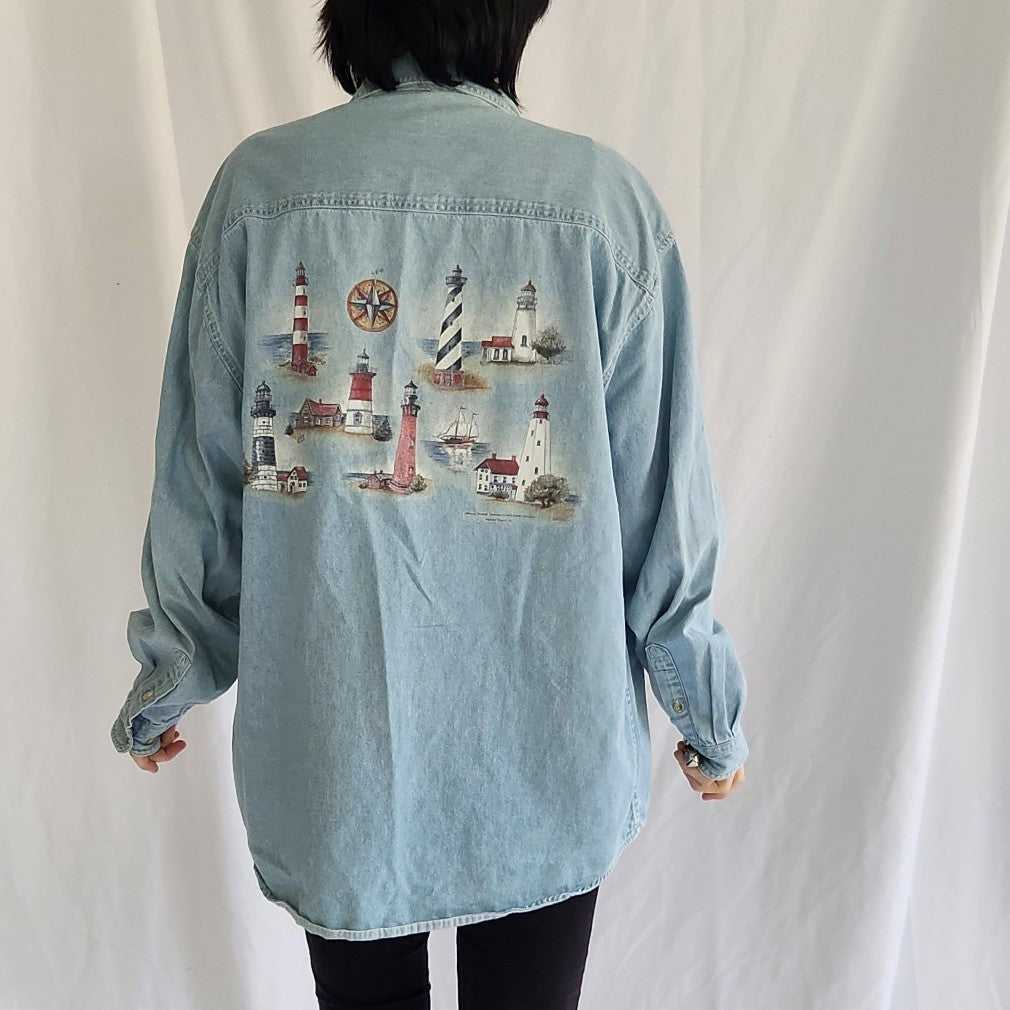 90s/00s Lighthouse Theme Denim Button Down