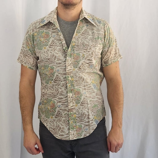 70s Novelty Print Men's Dagger Collar Short Sleeve Shirt