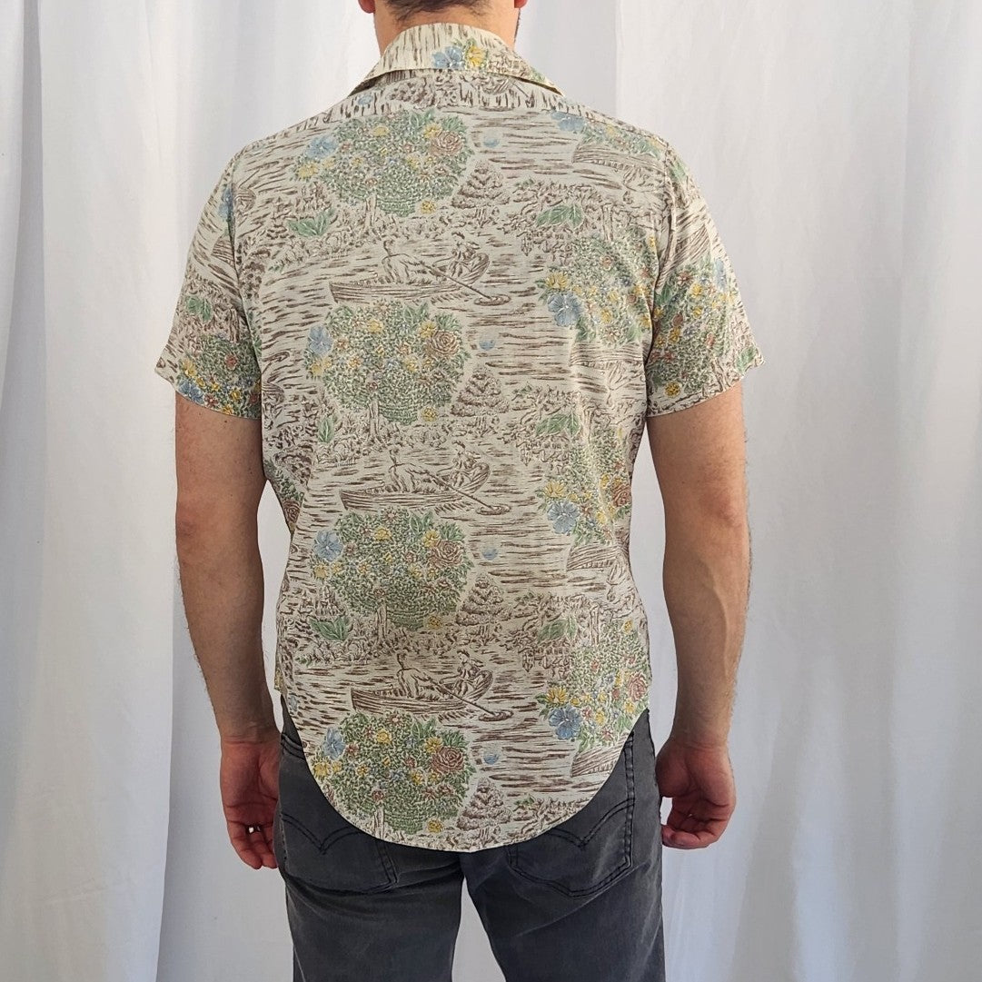 70s Novelty Print Men's Dagger Collar Short Sleeve Shirt