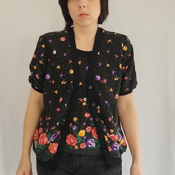 80s/90s Black Polka Dot and Floral Blouse