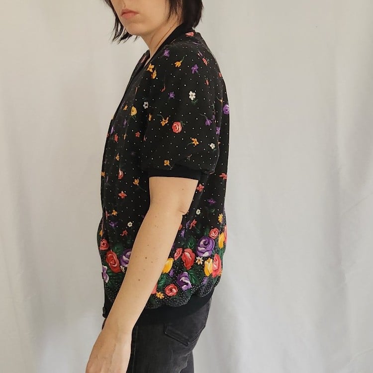 80s/90s Black Polka Dot and Floral Blouse