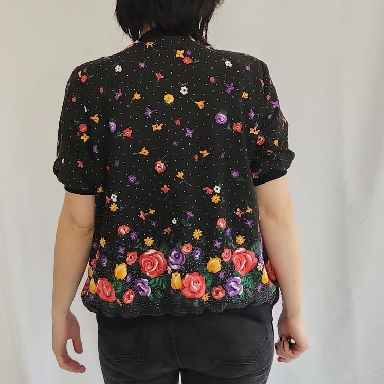 80s/90s Black Polka Dot and Floral Blouse
