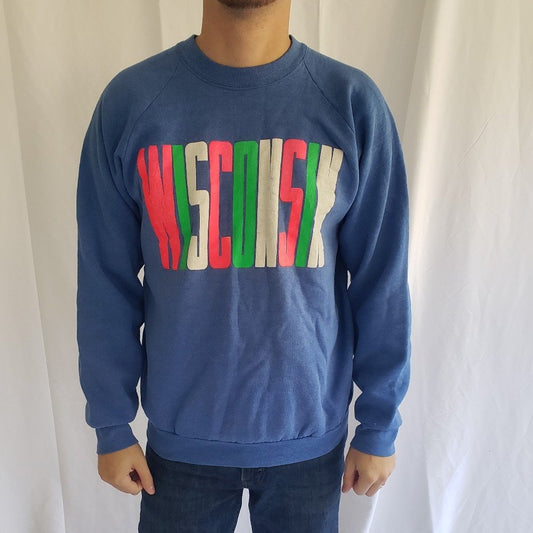 90s Blue Wisconsin Crew Neck Sweatshirt