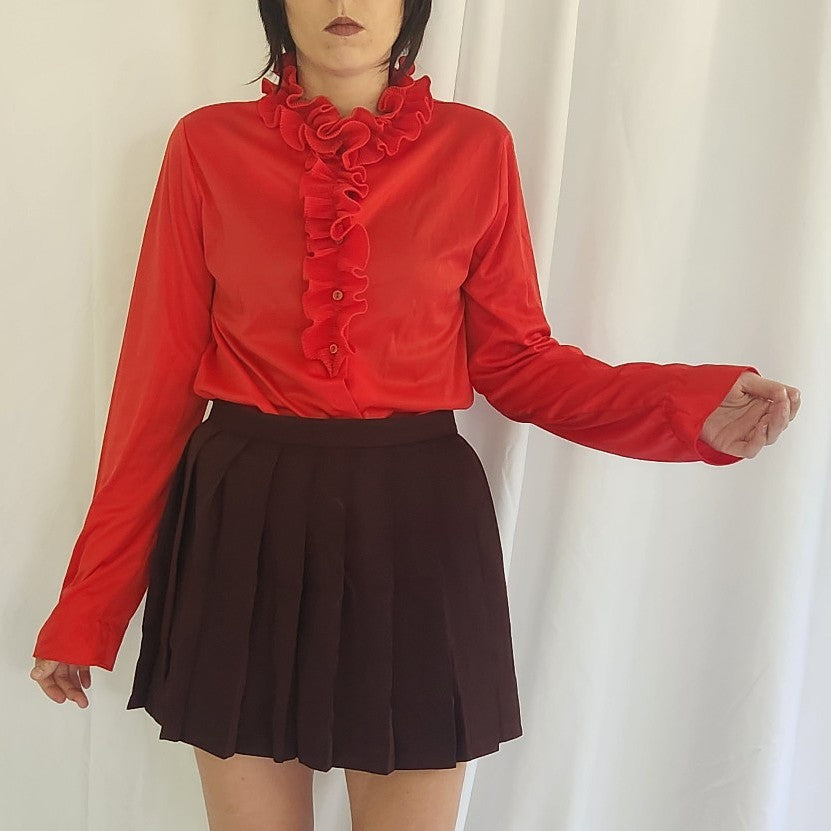 70s Red Frilly Button Down Blouse