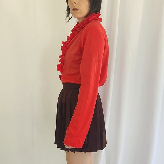 70s Red Frilly Button Down Blouse