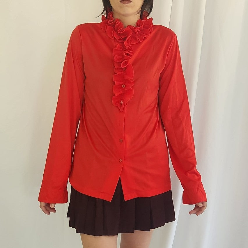 70s Red Frilly Button Down Blouse