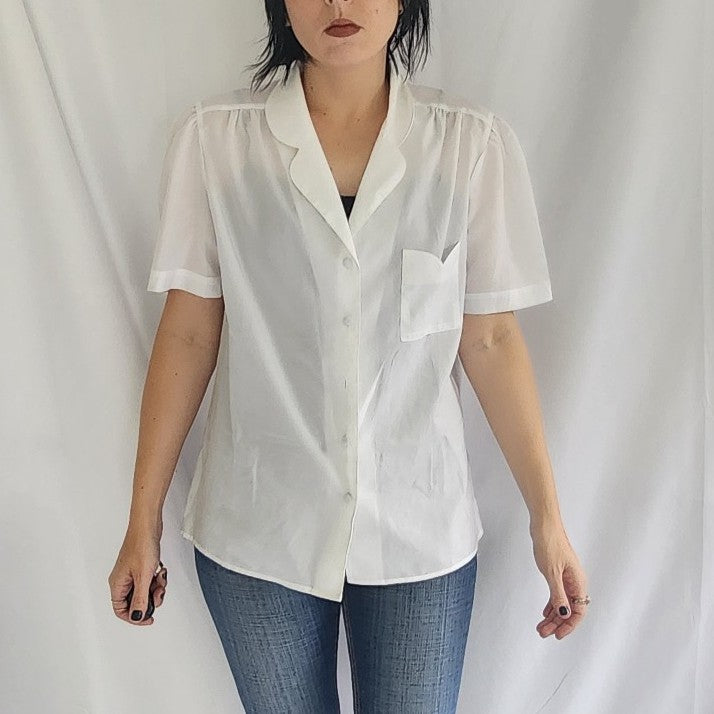 70s White Button Down Short Sleeve Blouse