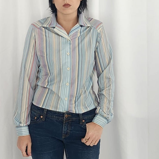 70s Blue, Pink, and Tan Striped Button Down