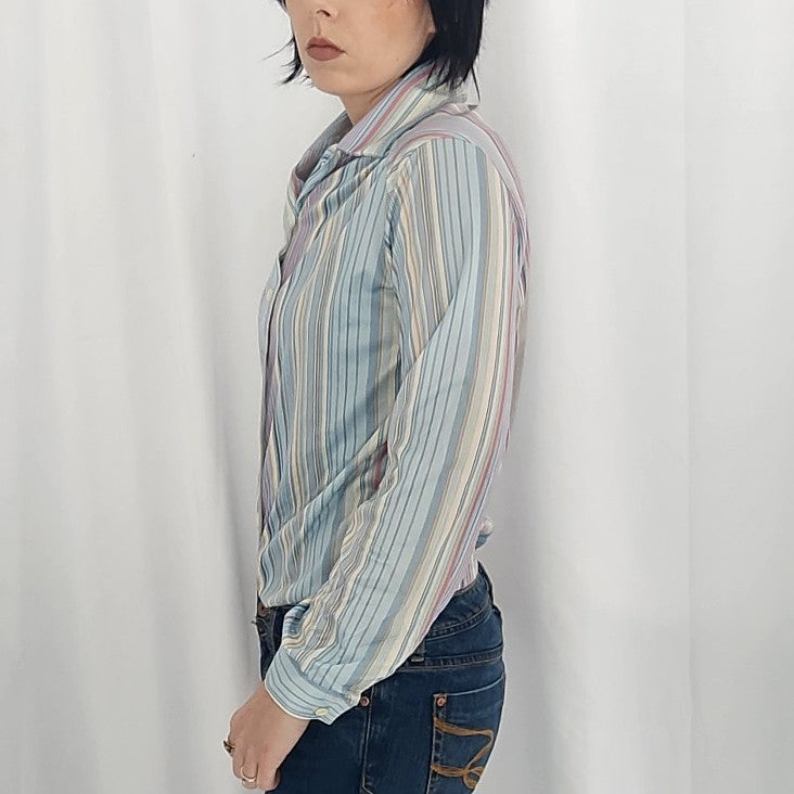 70s Blue, Pink, and Tan Striped Button Down