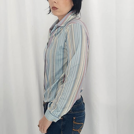 70s Blue, Pink, and Tan Striped Button Down