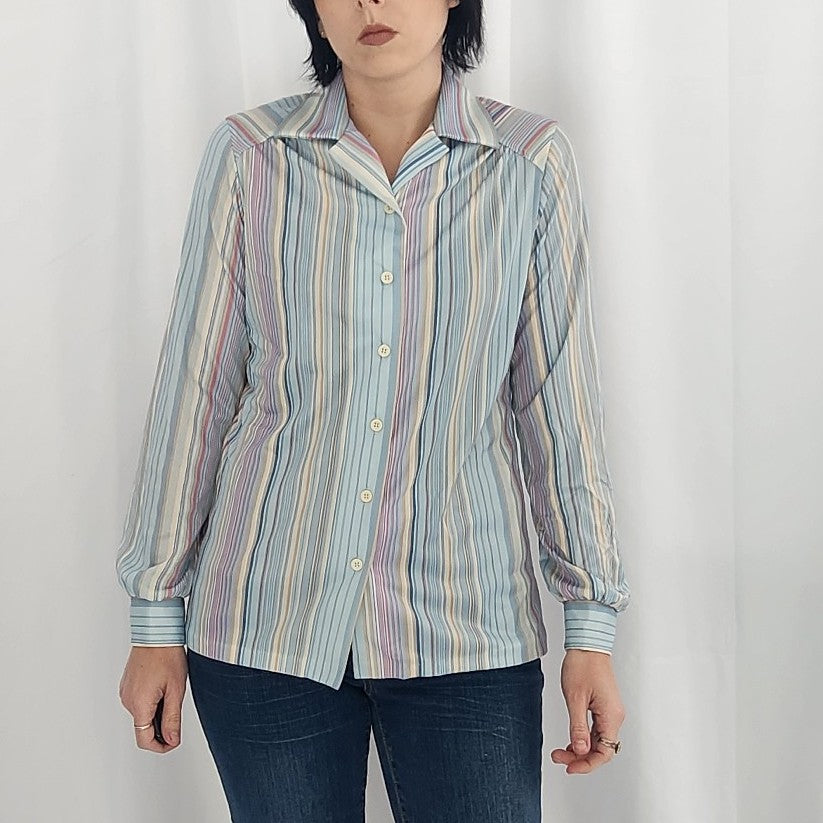 70s Blue, Pink, and Tan Striped Button Down