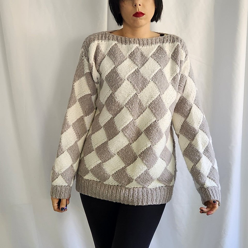 80s Home Made Gray and White Checked Sweater