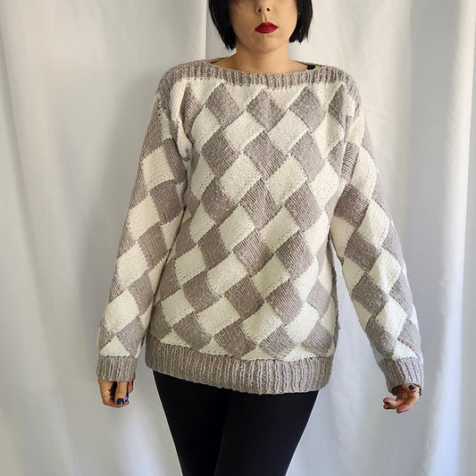 80s Home Made Gray and White Checked Sweater