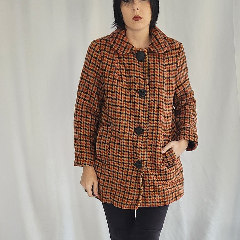 60s Yellow and Red Plaid Wool Coat