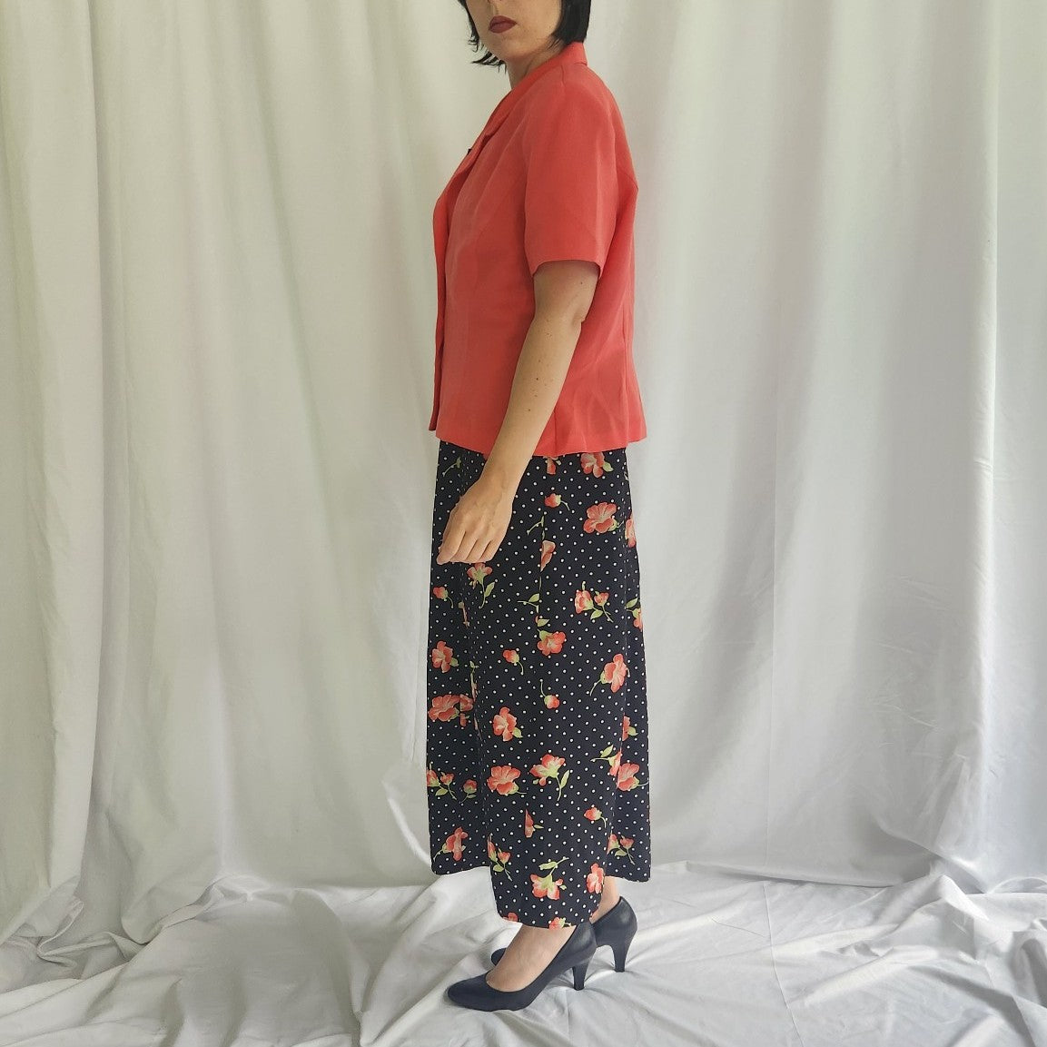 90s/00s Black and Pink Polka Dot Floral Dress
