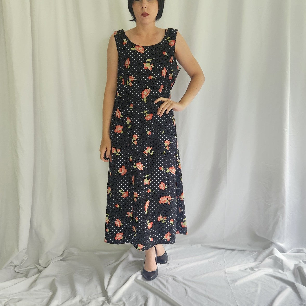 90s/00s Black and Pink Polka Dot Floral Dress