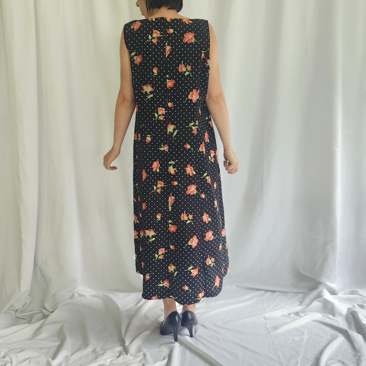 90s/00s Black and Pink Polka Dot Floral Dress