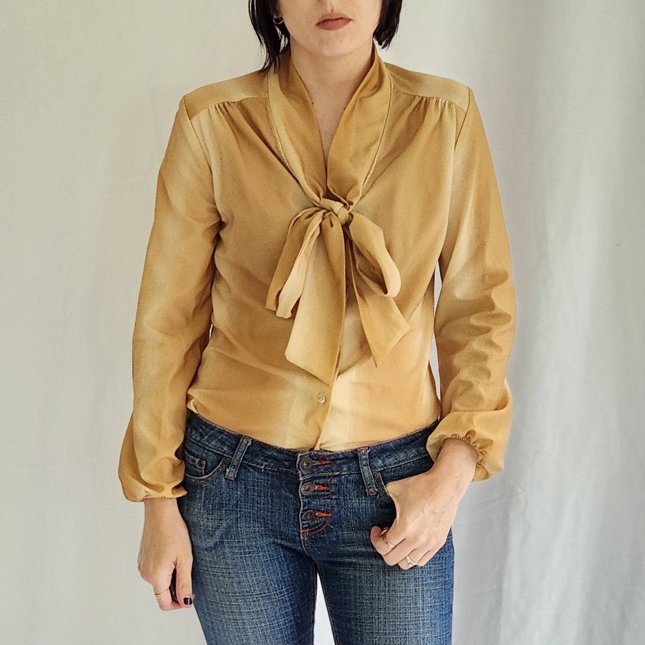 70s Gold Polyester Blouse with Bow