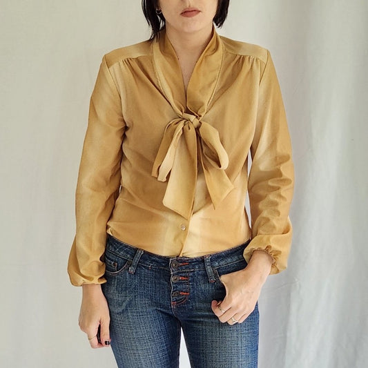 70s Gold Polyester Blouse with Bow