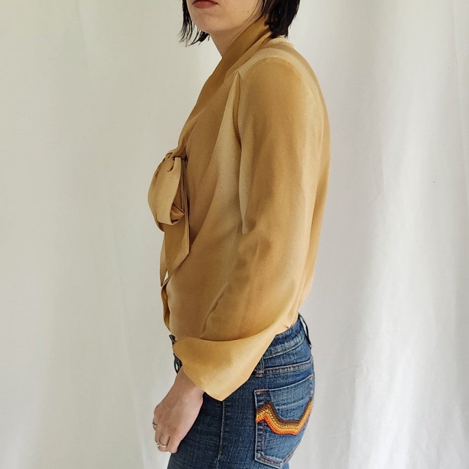70s Gold Polyester Blouse with Bow