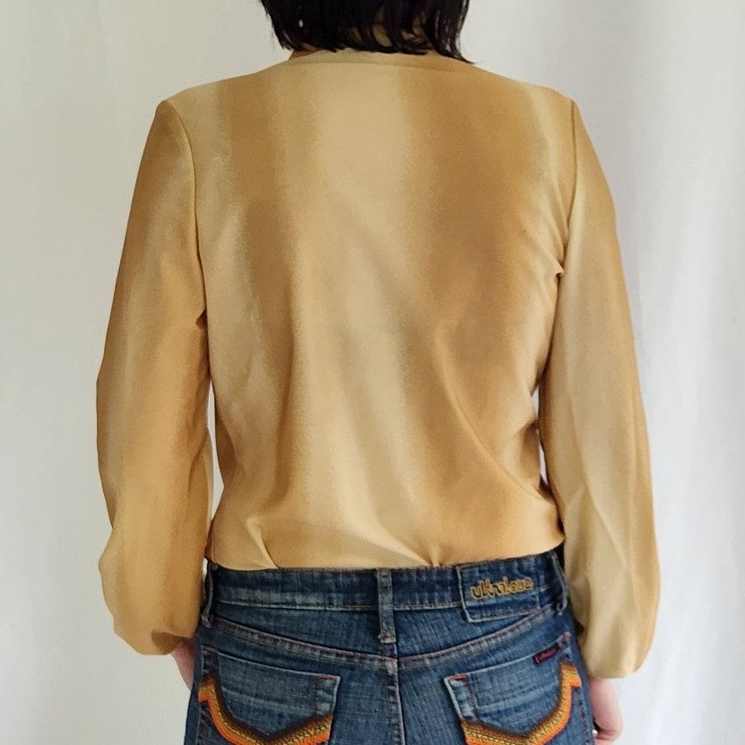70s Gold Polyester Blouse with Bow
