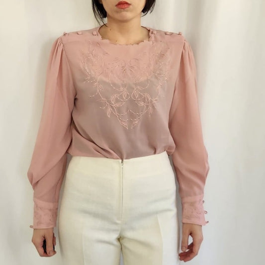 80s/90s Pink Sheer Embroidered Blouse