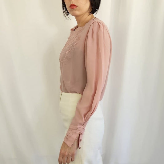 80s/90s Pink Sheer Embroidered Blouse