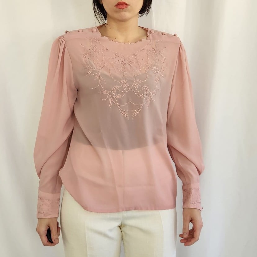 80s/90s Pink Sheer Embroidered Blouse