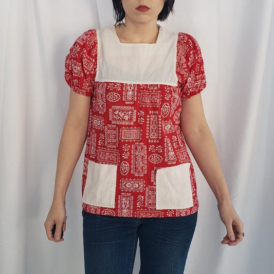70s Red and White Handkerchief Print Home Made Shirt