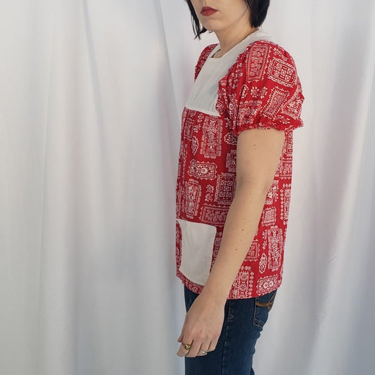 70s Red and White Handkerchief Print Home Made Shirt