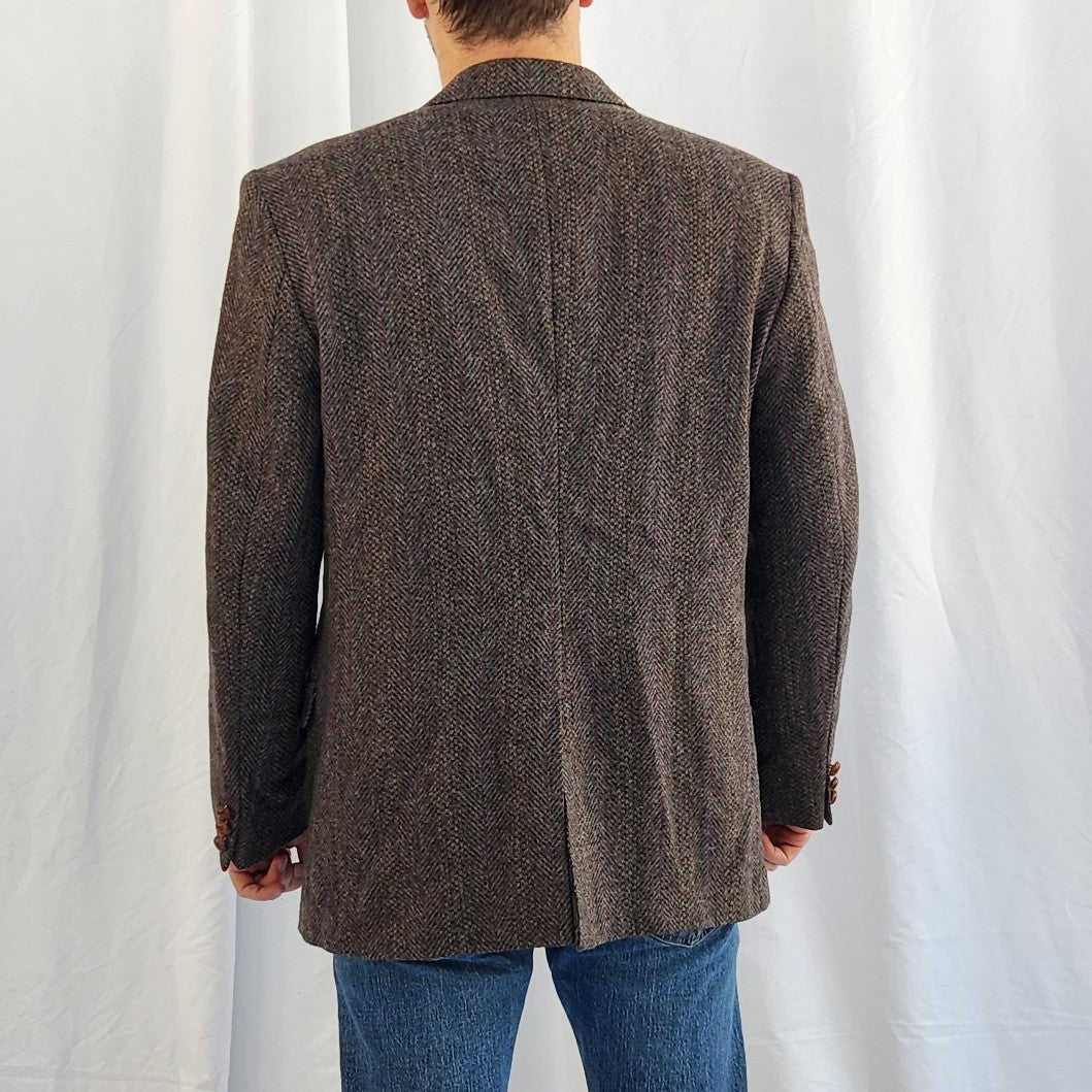 80s Brown Gray Herringbone Wool Blazer