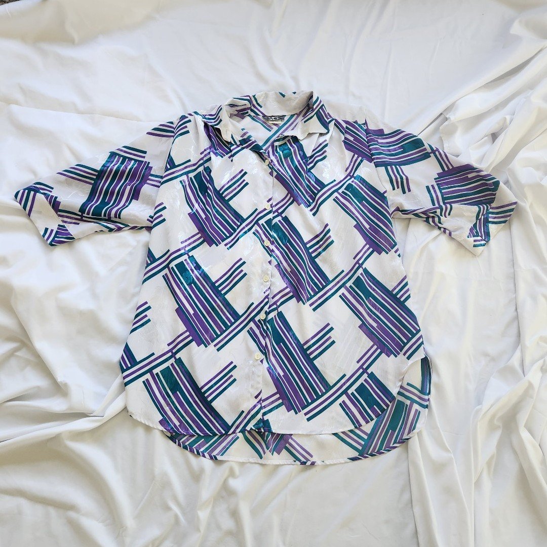 80s White, Purple, and Teal Funky Button Down