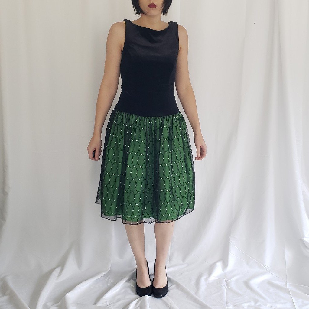 80s/90s Black Velvet and Green Skirt Party Dress