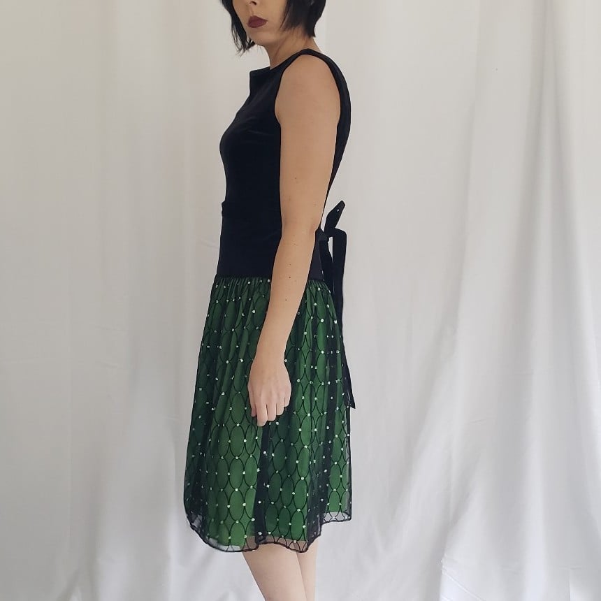 80s/90s Black Velvet and Green Skirt Party Dress