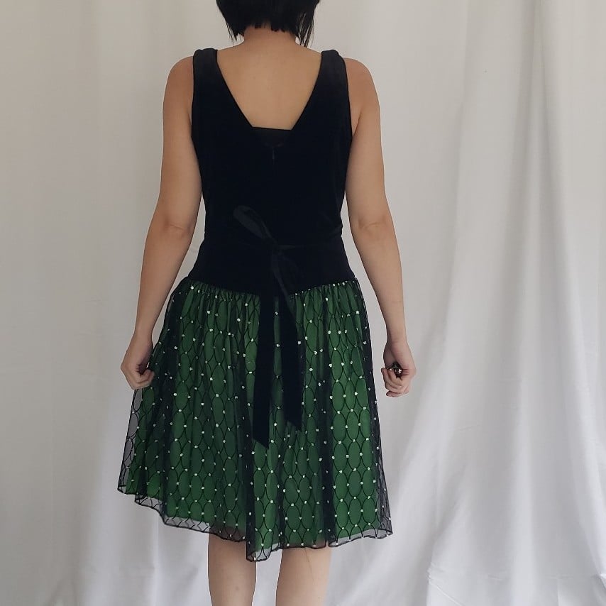 80s/90s Black Velvet and Green Skirt Party Dress