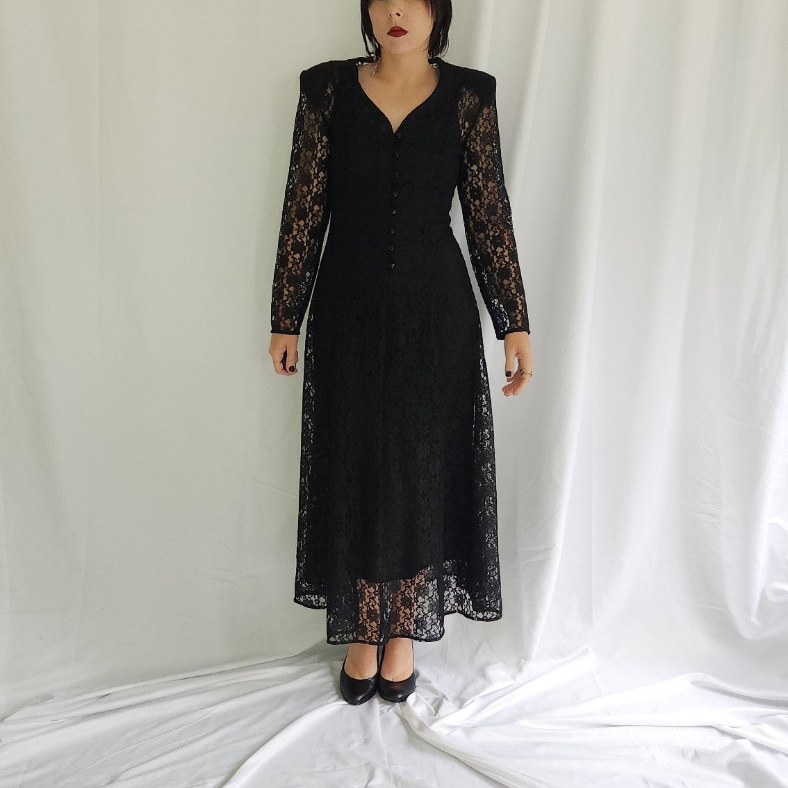 90s Black Lace Long Sleeve Corset Back Dress